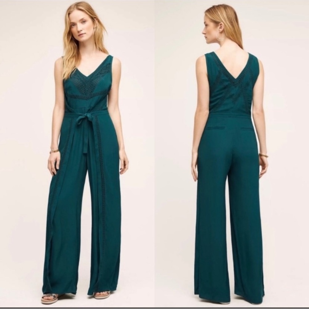 Anthropologie Elevenses green teal wedding guest jumpsuit